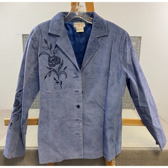 Victor COSTA "Occasion" Women's Leather Jacket Sz. M Embroidered Cut Out BLUE - Picture 1 of 11